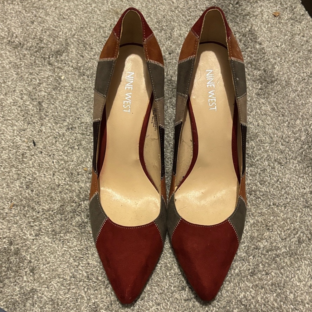 Nine West Multicolor Patchwork Pointed-Toe Pumps in Red, Brown, and Gray